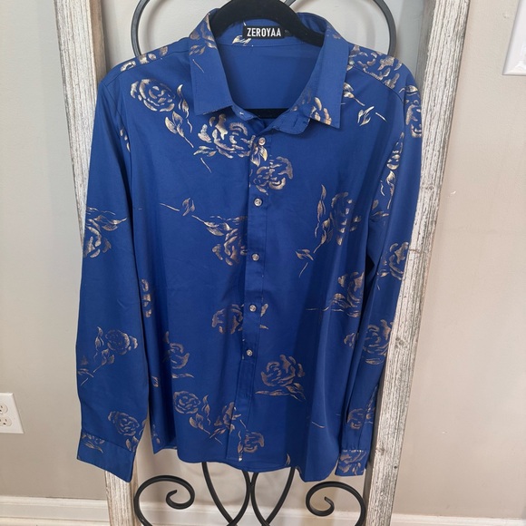 Zeroyaa Other - Zeroyaa Blue Gold Floral Print Long Sleeve Button Up Shirt Men’s Small
